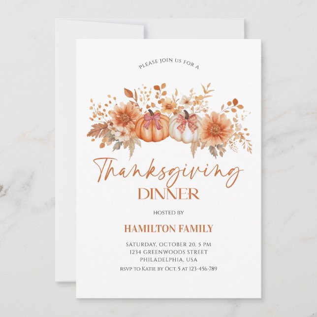 Convite Elegant Floral pumpkin Thanksgiving Dinner party (Frente)