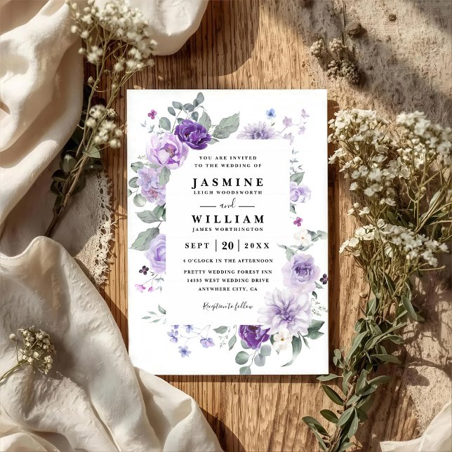 Convite Elegant Floral Purple Rustic QR Code Wedding (Criador carregado)