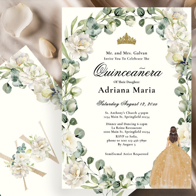 Convite Elegant Floral Quinceanera Invitation Gold Dress (Criador carregado)