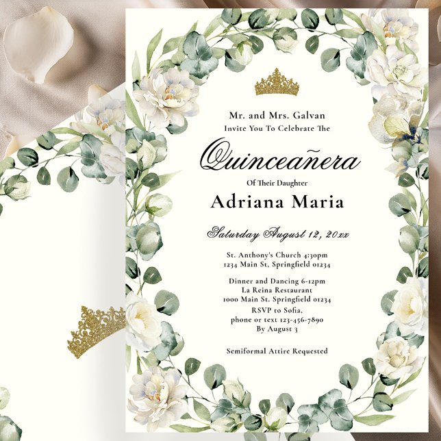 Convite Elegant Floral Quinceanera Invitation Ivory Flower (Criador carregado)