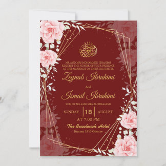 Convite Elegant Floral Red Gold Islamic Muslim Wedding