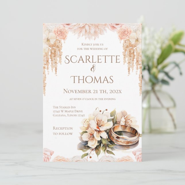 Convite Elegant Floral Rings Wedding Invitation (Em pé/Frente)