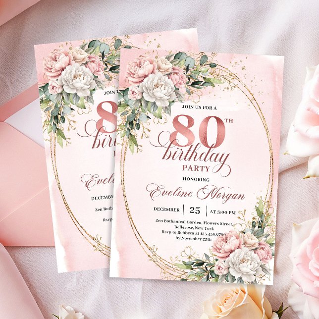Convite Elegant Floral Rose Gold Greenery 80th Birthday   (Elegant Floral Rose Gold Greenery 80th Birthday Invite)