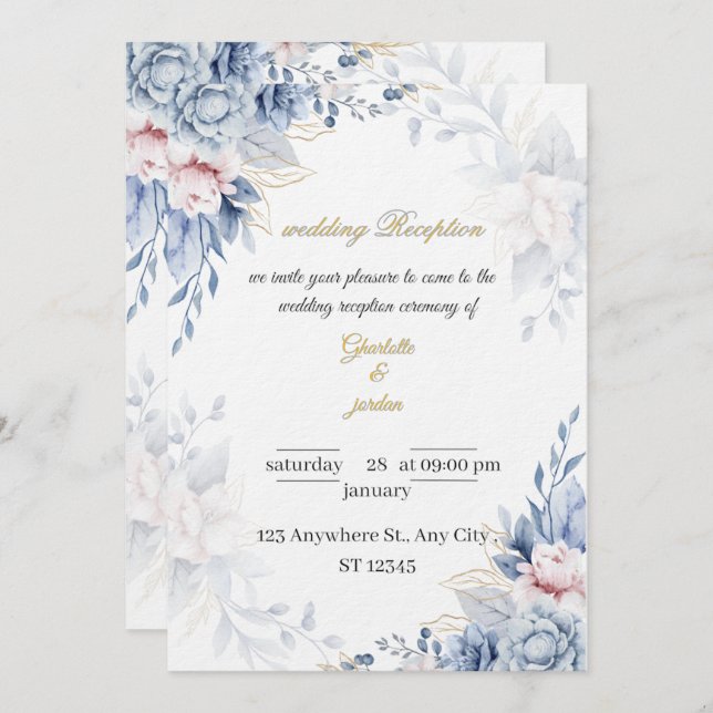 Convite Elegant Floral Script  Personalized Wedding Card (Frente/Verso)