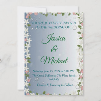 Convite Elegant Floral Silver & Blue Wedding Invitation
