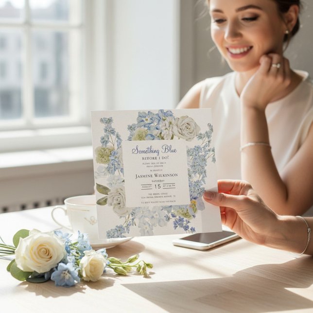 Convite elegant Floral Something Blue Bridal shower QR  (Criador carregado)