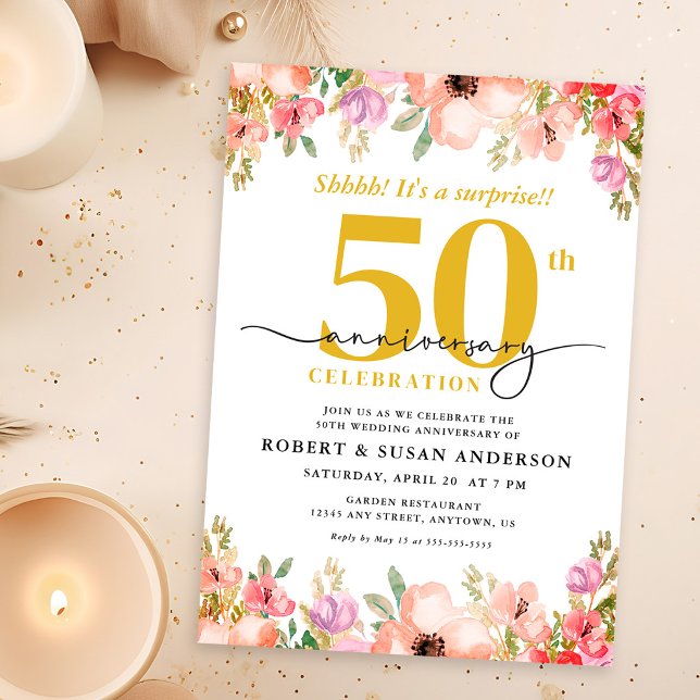 Convite Elegant Floral Surprise 50th Wedding Anniversary (Criador carregado)