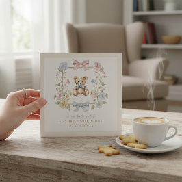 Convite Elegant Floral Teddy  pastel  baby shower QR code