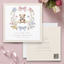 Elegant Floral Teddy  pastel  baby shower QR code