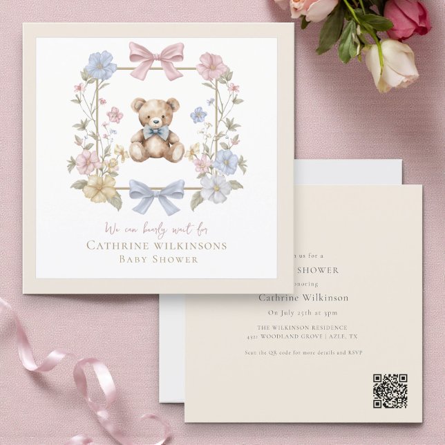 Convite Elegant Floral Teddy  pastel  baby shower QR code (Criador carregado)