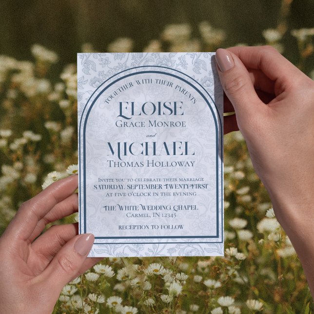 Convite Elegant Floral Toile Script Monogram Blue Wedding (Formally invite guests to your big day with this Elegant Floral Toile Script Blue Wedding Invite!)