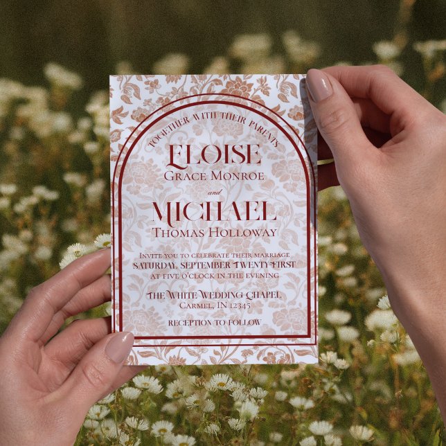 Convite Elegant Floral Toile Script Terracotta Red Wedding (Formally invite guests to your big day with this Elegant Floral Toile Script Red Wedding Invite!)