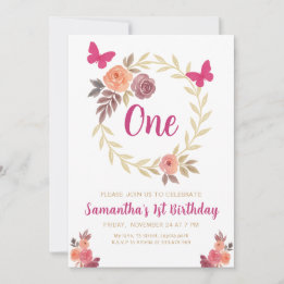 Convite Elegant Floral Watercolor 1st Birthday