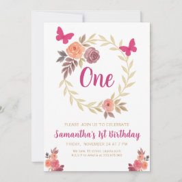 Convite Elegant Floral Watercolor 1st Birthday