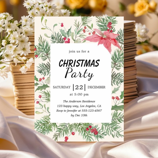 Convite Elegant Floral Watercolor Christmas Party  (Criador carregado)