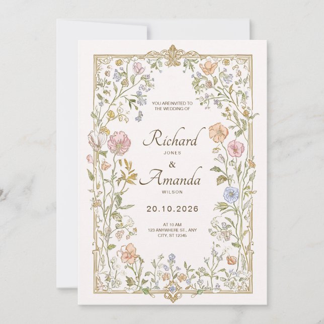 Convite Elegant Floral Wedding Invitation  (Frente)