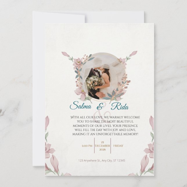 Convite Elegant Floral Wedding Invitation (Frente)