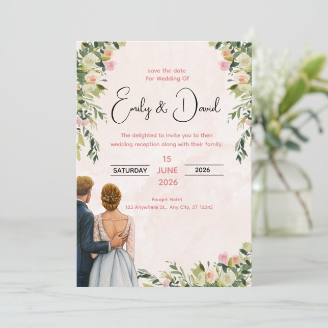 Convite Elegant Floral Wedding Invitation (Em pé/Frente)