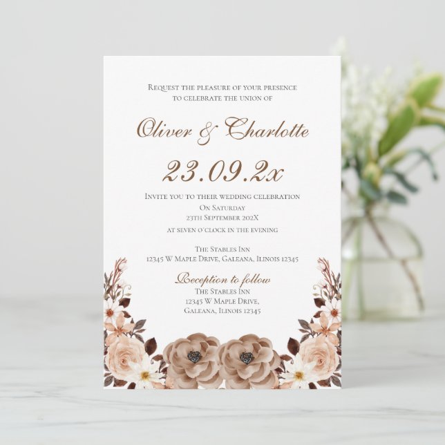 Convite Elegant Floral Wedding Invitation (Em pé/Frente)