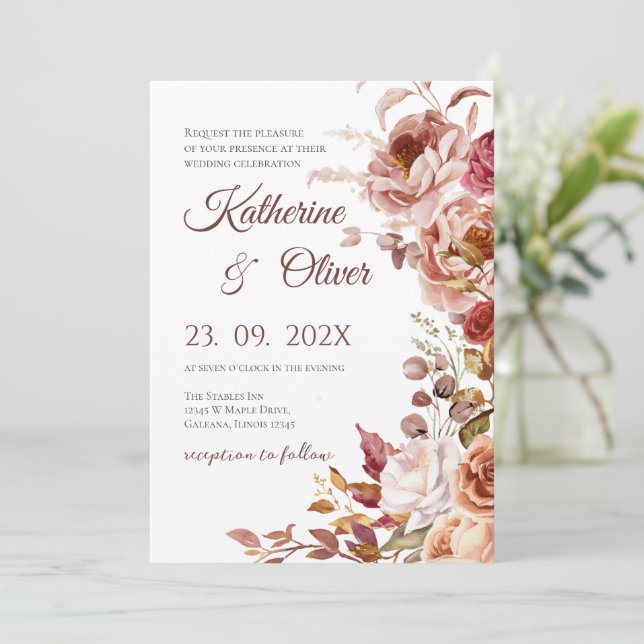 Convite Elegant Floral Wedding Invitation (Em pé/Frente)
