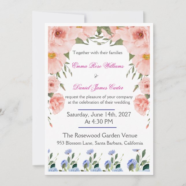 Convite Elegant Floral Wedding Invitation | Blush Pink  (Frente)