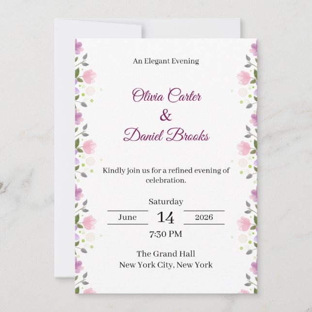 Convite Elegant Floral Wedding Invitation Card (Frente)