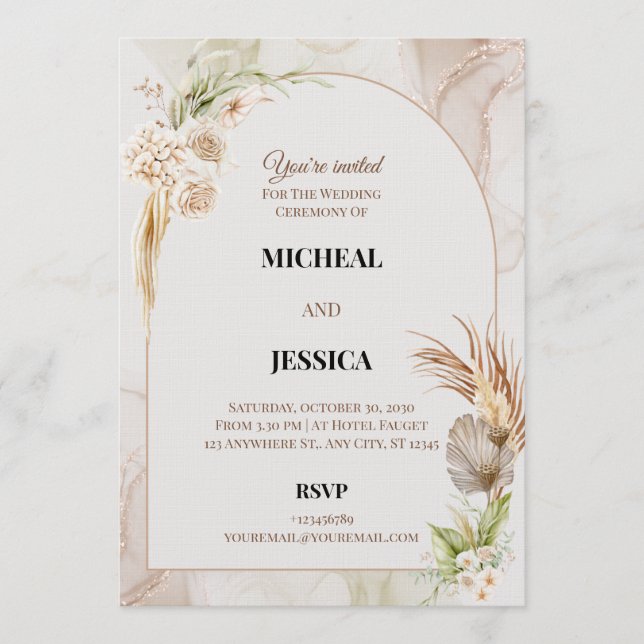 Convite Elegant Floral Wedding Invitation Card (Frente)