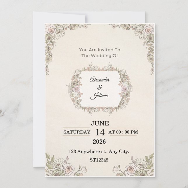 Convite Elegant Floral Wedding Invitation | Editable Moder (Frente)