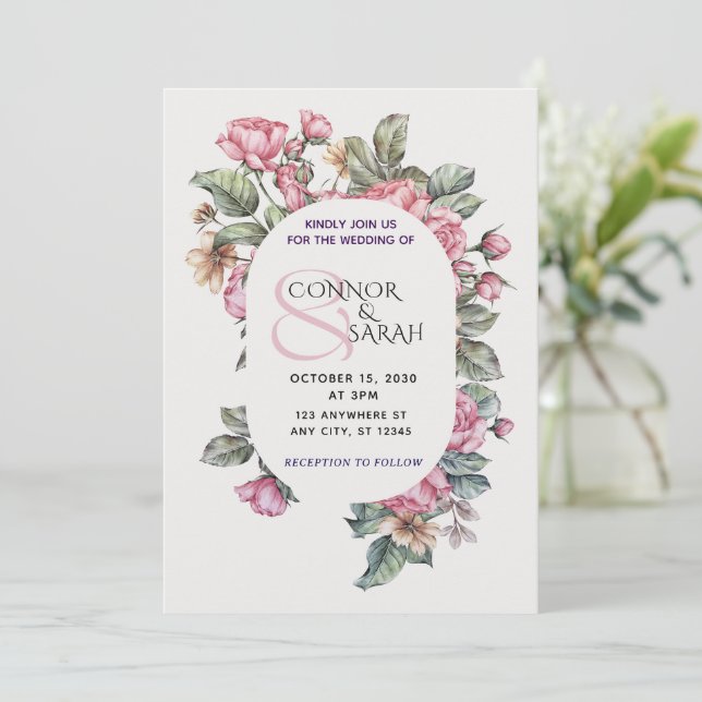 Convite Elegant Floral Wedding Invitation – Minimalist Des (Em pé/Frente)