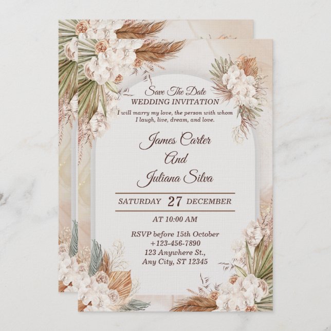Convite Elegant Floral Wedding Invitation Modern card (Frente/Verso)
