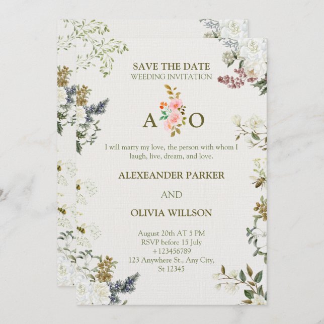 Convite Elegant Floral Wedding Invitation – Modern CARD (Frente/Verso)