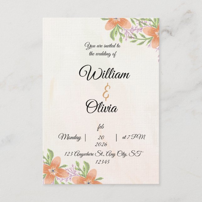 Convite Elegant Floral Wedding Invitation | Peach & Green  (Frente)