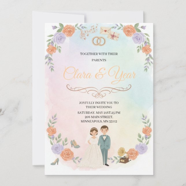 Convite Elegant Floral Wedding Invitation | Romantic Garde (Frente)