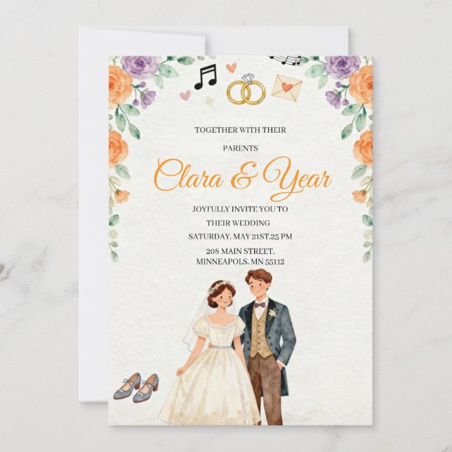 Convite Elegant Floral Wedding Invitation | Romantic Garde (Frente)