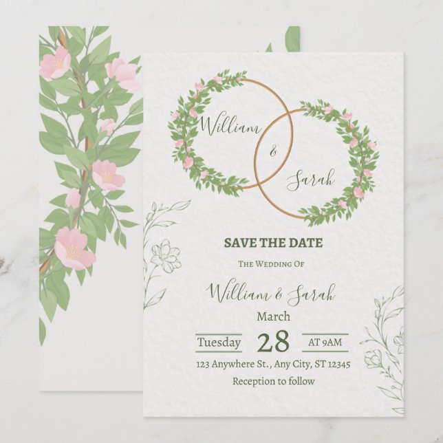 Convite Elegant Floral Wedding Invitation Template  (Frente/Verso)