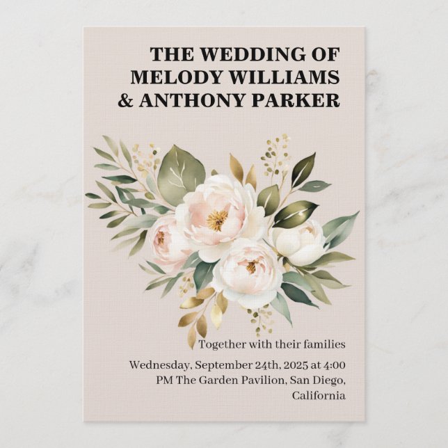 Convite Elegant Floral Wedding Invitation | White Rose & E (Frente)