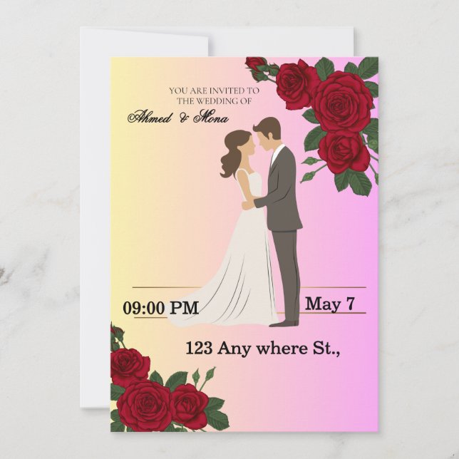 Convite Elegant Floral Wedding Invitation with Couple Art (Frente)
