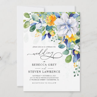 Convite Elegant floral yellow and blue wedding photo