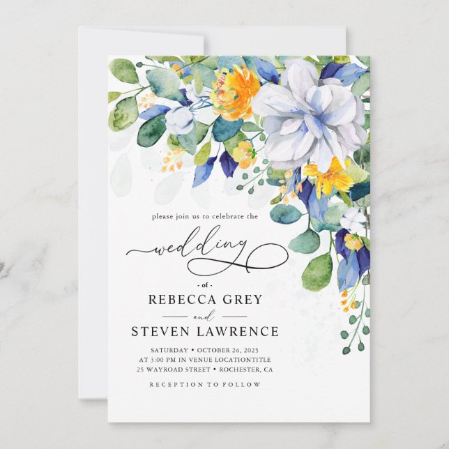 Convite Elegant floral yellow and blue wedding photo (Frente)