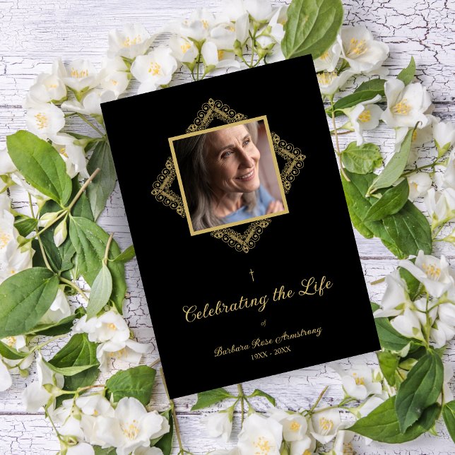 Convite Elegant Flourish Sophisticated Golden Ornament  (Elegant Flourish Sophisticated Fake Golden Ornament Photo Funeral Service Invitation with Envelope.)