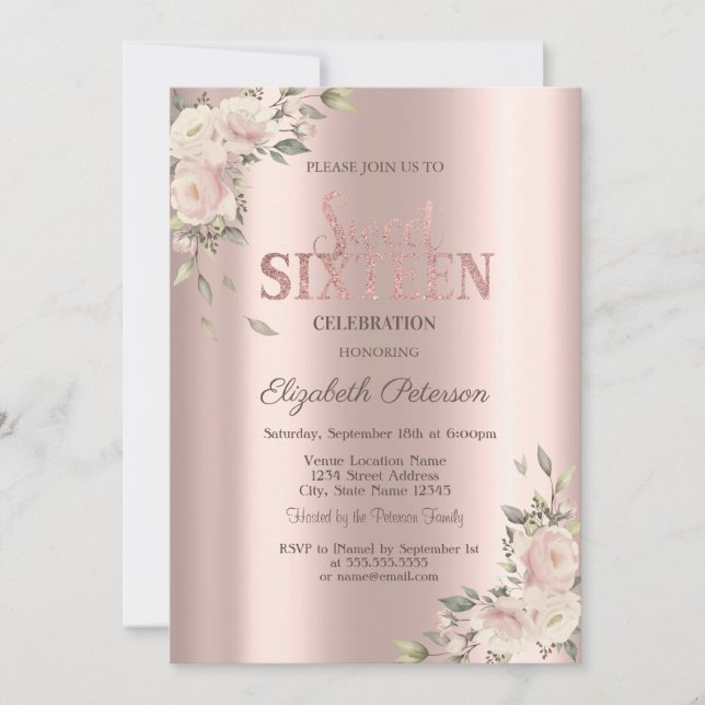 Convite Elegant Flowers Rose Gold Sweet 16 Birthday (Frente)