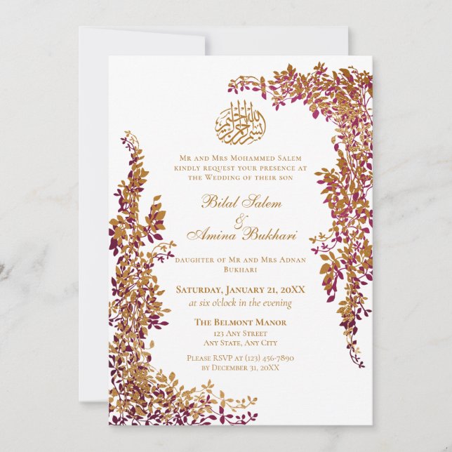 Convite Elegant Foil and Dark Plum Leaf  Islamic 2 Wedding (Frente)