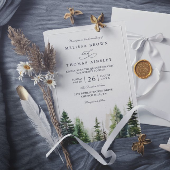 Convite Elegant forest minimalist pine qr code wedding (Criador carregado)