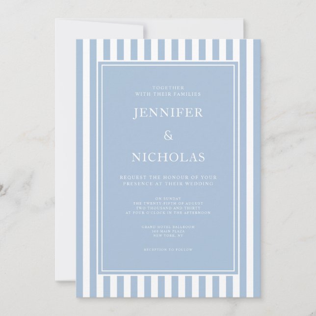 Convite Elegant Formal Powder Blue Stripes Wedding (Frente)