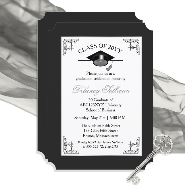 Convite Elegant Formal Silver College Graduation Party (Elegant Formal Black Silver Tone College Graduation Announcement Party Invitation - Print | Download)