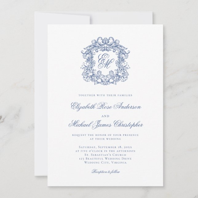 Convite Elegant French Blue Monogram Crest Wedding (Frente)