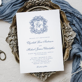 Convite Elegant French Blue Monogram Crest Wedding