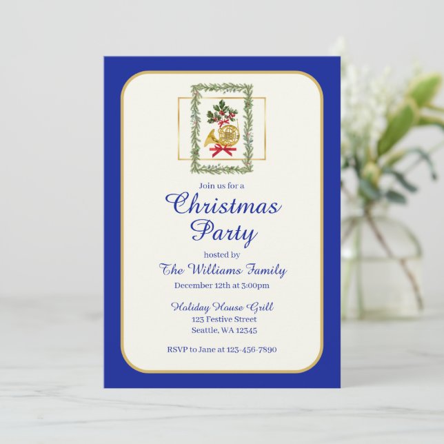 Convite Elegant French Horn Christmas Royal Blue (Em pé/Frente)