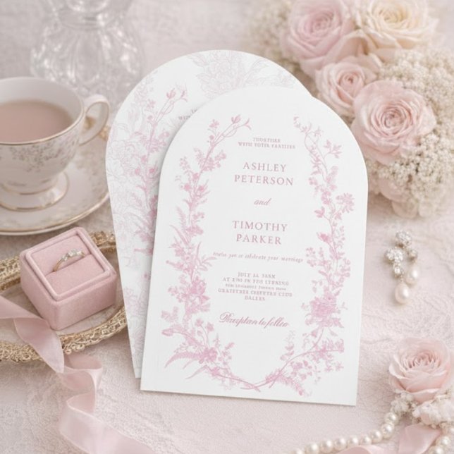 Convite Elegant French Pink Toile Floral Wedding  (Criador carregado)