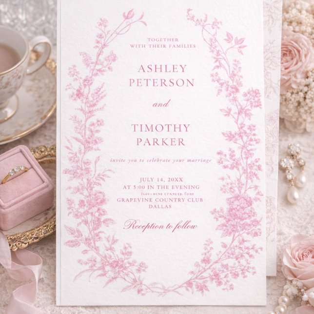 Convite Elegant French Pink Toile Floral Wedding  (Criador carregado)